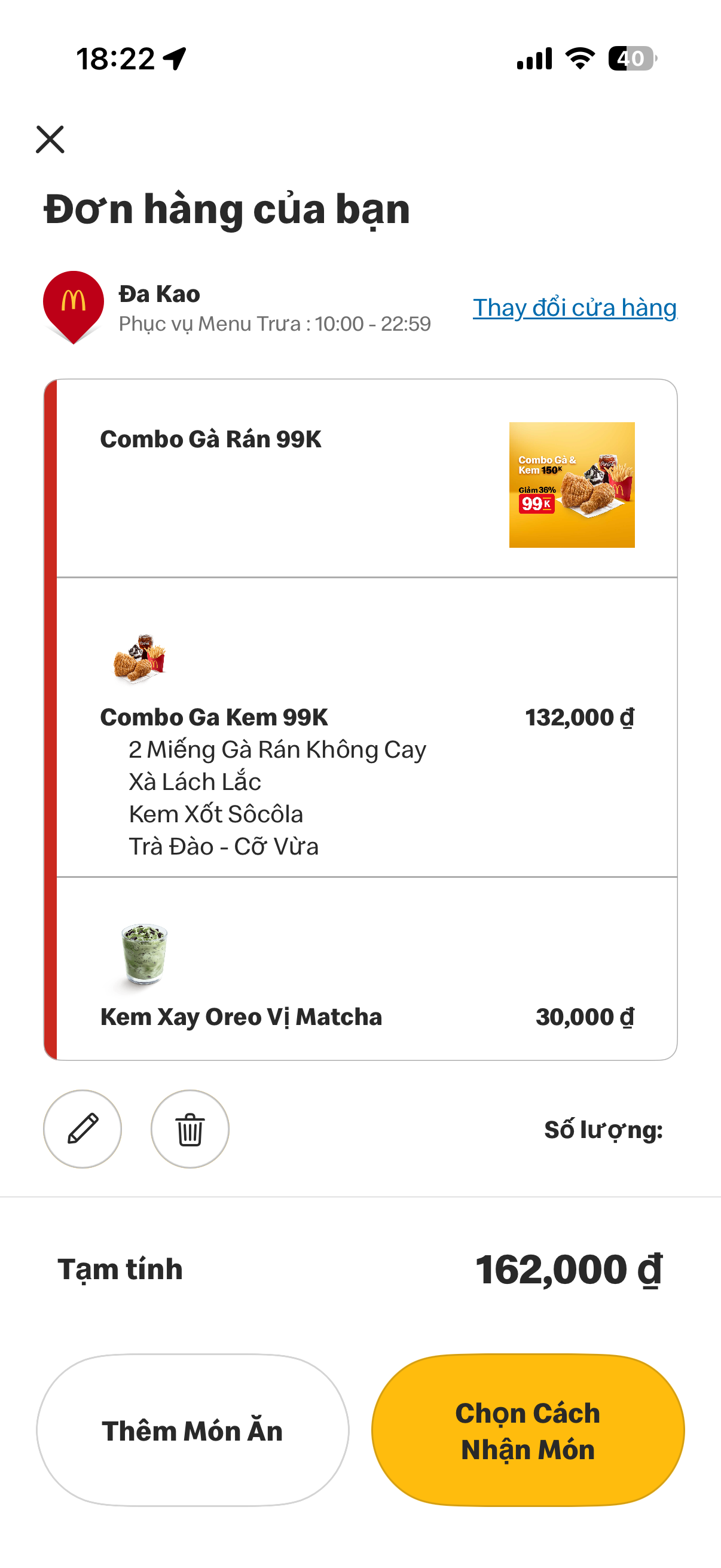 IMG 0628 - Giỏ hàng và nút chọn cách nhận món